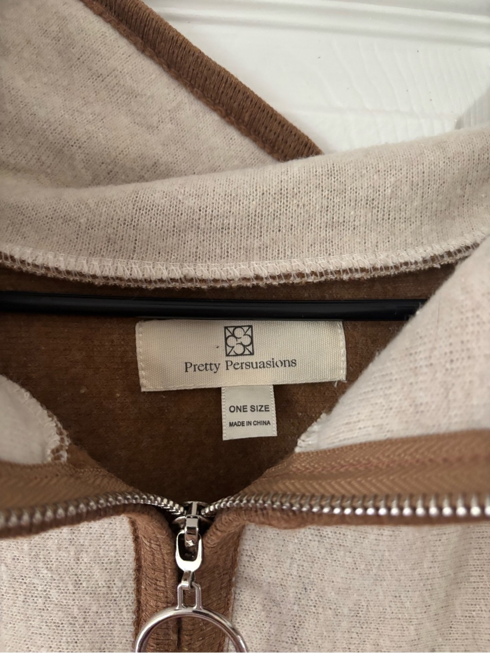Pretty Persuasions Cream Poncho with Brown Trim and Zip Ring
